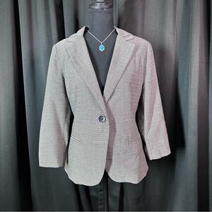 CAbi Blazer Jacket Size 8 Beige Black Tweed 3/4 ‎ Sleeve Rouched 1 Button Preppy